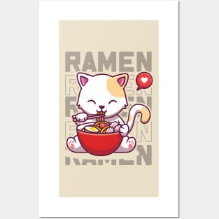 Eating Ramen Cute Noodles Kawaii Kittie instant cup Japanese food manga anime Posters and Art